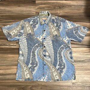 Tommy Bahama Shirt Mens Medium Blue Tan Silk Button Up Hawaiian Camp Loop Collar
